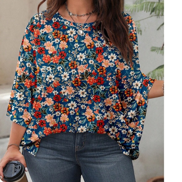 Plus Floral Print Batwing Sleeve Loose Fit Top - Picture 1 of 4